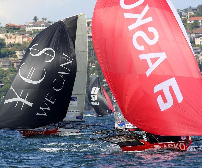 Compassmarkets.com and Asko gybing downwind on the first lap - JJ Giltinan 18ft Skiff Championship © Frank Quealey /Australian 18 Footers League http://www.18footers.com.au